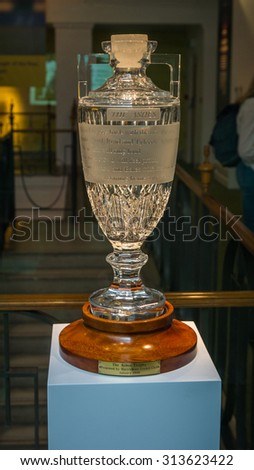 LONDON, UK - JULY 22, 2015: The Ashes Thophy which was presented by Marylebone Cricket Club in 1999. It is kept at MCC cricket museum which is attached to the Lord's Cricket Ground in London, UK.