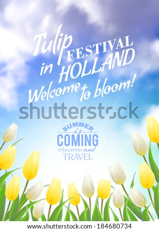 Summer is coming lettering, Tulip in Holland festival. Vector illustration.
