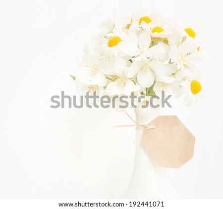 Bouquet of daisies on a white background with a label for your text