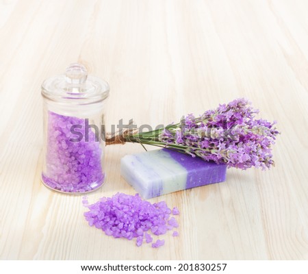 Lavender, bath salt and soap - beauty treatment.