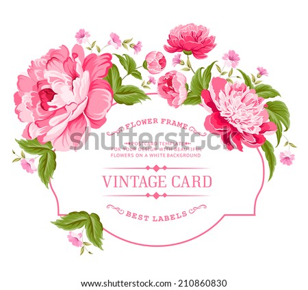 Luxurious invitation card of color peony flowers. Vector illustration.
