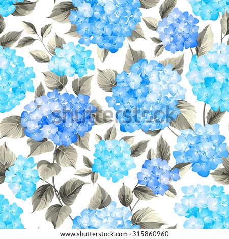 Purple flower hydrangea on seamless background. Mop head hydrangea flower pattern. Beautiful blue flowers. Vector illustration.