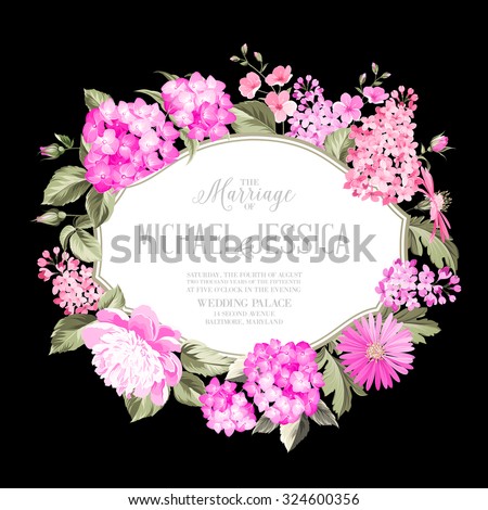 Awesome invitation card of color flowers. Spring flowers. Cherry blossom. Marriage invitation. Vector illustration.