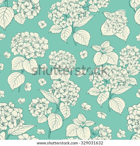 Flower pattern of hydrangea flowers. Seamless texture over green background for your design. Vector illustration