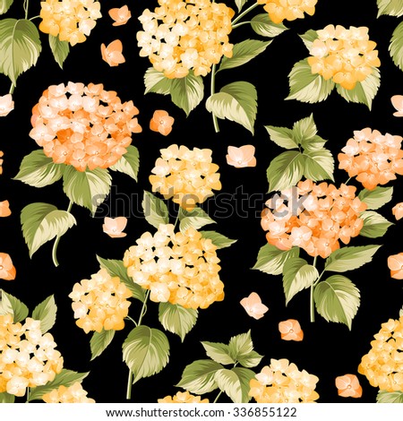 Pattern of hydrangea flowers. Seamless texture. Elegant book cover over black background with orange flowers. Orange  flowers. Vector illustration.