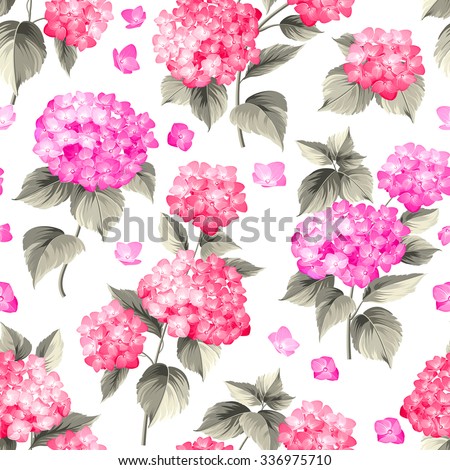 Flower pattern of hydrangea flowers. Seamless texture. Pink flowers. Vector illustration.