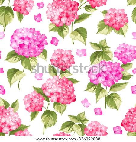 Flower pattern of hydrangea flowers. Seamless texture. Pink flowers. Vector illustration.
