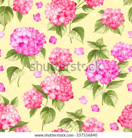 Flower pattern of pink hydrangea flowers over yellow background. Seamless texture. Pink flowers. Vector illustration.