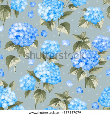 Blue flower hydrangea. Seamless background. Mop head hydrangea flower pattern. Beautiful blue flowers. Vector illustration.