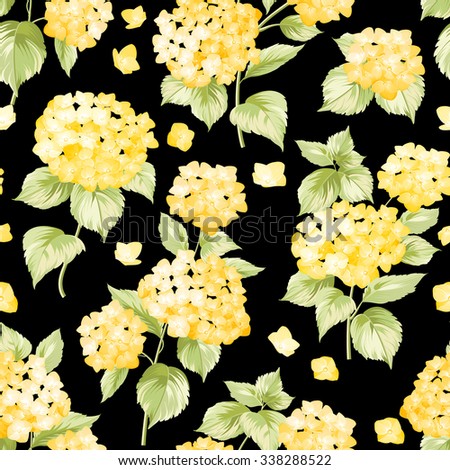 Yellow flower pattern of hydrangea flowers. Seamless texture. Pink flowers. Vector illustration.