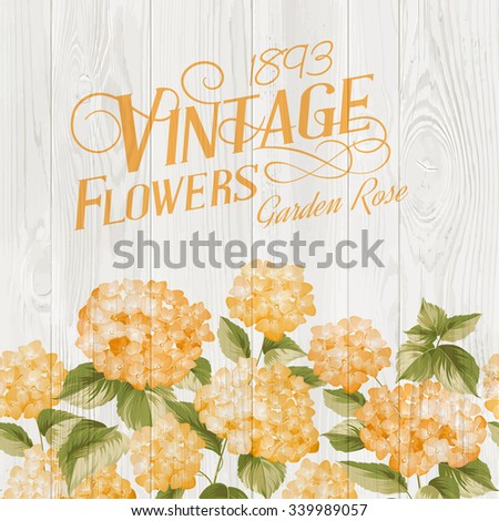 Flower garland of orange hydrangea flowers over wooden panel. Illustration of flowers. Vintage art. Can be used for invitation card. Orange flowers. Vector illustration.
