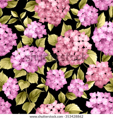 Seamless pattern over black background. Flower pattern of violet hydrangea flowers over black background. Seamless texture. Vector illustration.