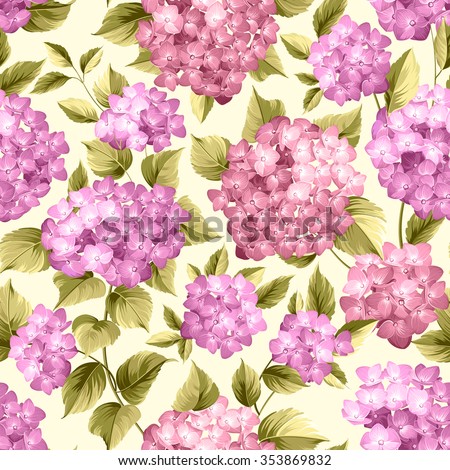 Purple flower hydrangea on seamless background. Mop head hydrangea flower pattern. Beautiful violet flowers. Vector illustration.