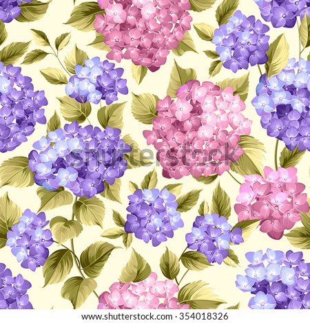 Purple flower hydrangea on seamless background. Mop head hydrangea flower pattern. Beautiful violet flowers. Vector illustration.
