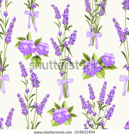 Seamless pattern of lavender and purple flower hydrangea flowers on a white background.Seamless pattern for fabric.Botanical illustration. Making gifts of paper and textiles.Vector illustration.