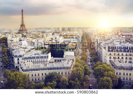 Sunset Eiffel tower and Paris city view form Montparnasse. Sunset romantic background. Eiffel Tower from Champ de Mars, Paris, France.