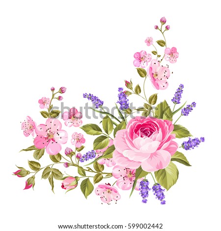 Blooming spring flowers garland of purple roses, sakura and lavender. Label with rose and lavender flowers. Vector illustration.