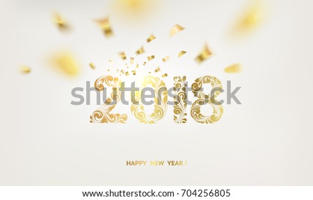 Happy new year card over gray background with golden confetti. Happy new year 2018. Holiday card. Template for your design. Vector illustration.