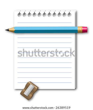 Illustration of notebook with pencil and pencil sharpener
