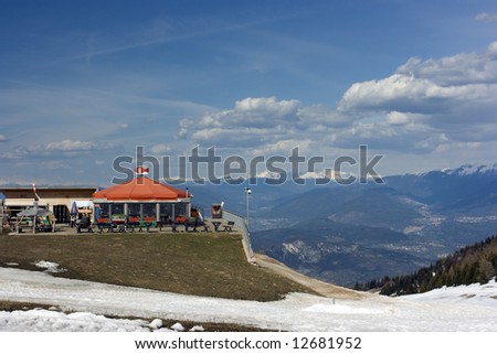 Bar and place for children of a ski resort abandoned by tourists in spring