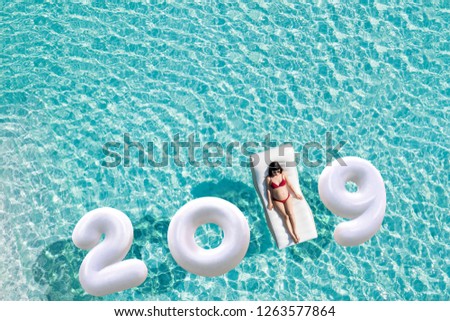 Asian Pregnant woman text in red bikini on Inflatable Floats in 2019  Top view in pool and happy new year