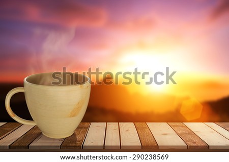 hot coffee in wood cup on wood table with sunset background.Hot steam in heart shape