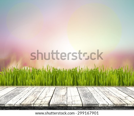 Perspective wood on Grass and Abstract pastel blurred nature background.Abstract pastel blurred