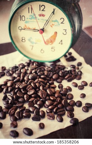 Vintage clocks and coffee , clocks and coffee film images , Late coffee , Late coffee vintage , film images ,coffee beans , coffee beans vinage