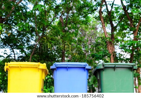 Yellow, blue, green bins , Recycling bins , Public trash , Trash under the tree
