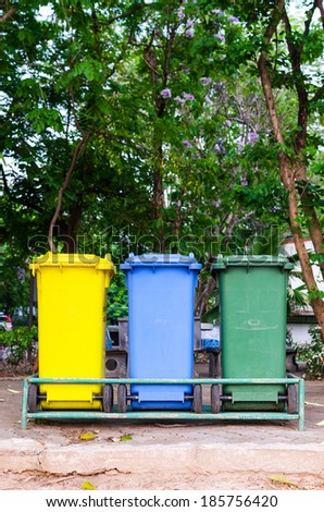 Yellow, blue, green bins , Recycling bins , Public trash , Trash under the tree