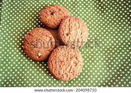 Cookies vintage ,Cookies Chocolate chip , Chocolate chip cookies on fabric , Still life cookies