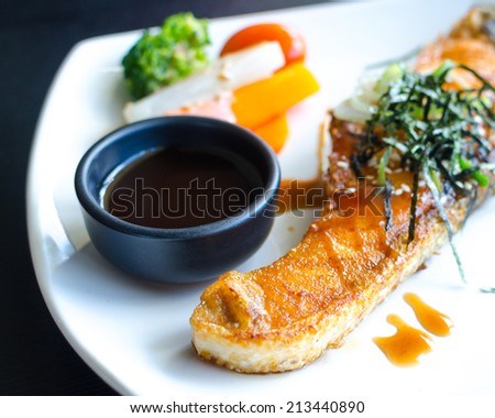 Japanese Grilled Salmon steak sauce on with dish