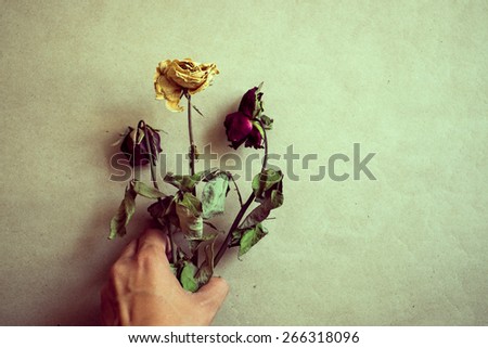 Dried roses vintage on brown paper , Heartbroken dry rose , Unrequited love