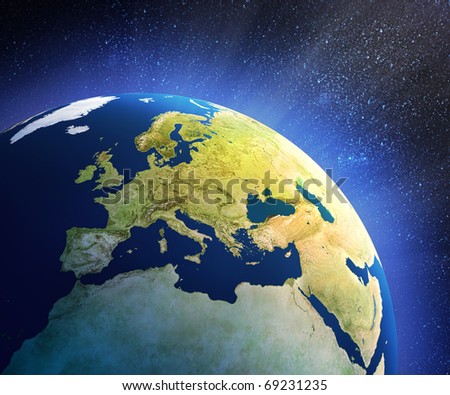 Planet earth in space with focus on European countries (3d source maps- http://visibleearth.nasa.gov/ )