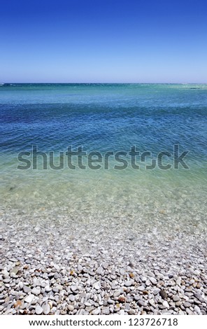 Beach with white pebbles and calm ocean (Cape Province - South Africa)