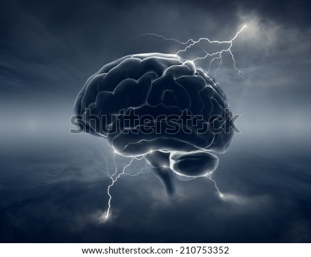 Brain in stormy cloudscape and lightning - conceptual of brainstorm