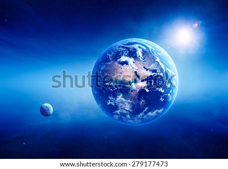 Blue Earth with sunrise in deep space -3D Render ( Elements of this image furnished by NASA  )