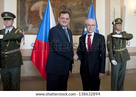 PRAGUE - APRIL 25: Czech prime minister Petr Necas (left) and President of the European Council Herman Van Rompuy (right) during meeting in Prague, Czech republic, April 25, 2013