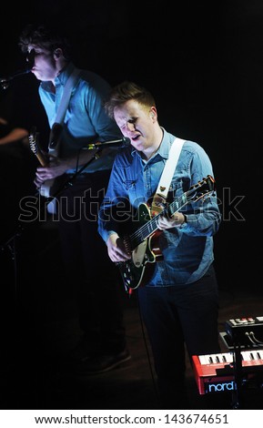 PRAGUE - FEBRUARY 26: Sam Halliday (left) and Alex Trimble (right) of Two Door Cinema Club during performance in Prague, February 26, 2013