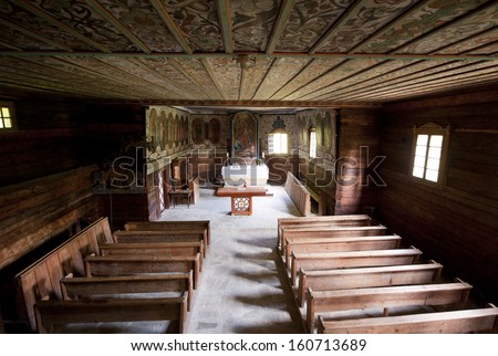 Interior of old wooden church in Orava, Slovakia