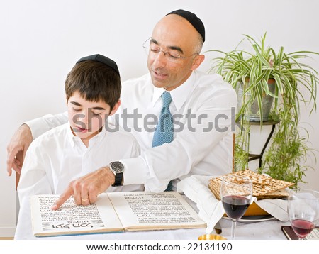 father and son celebrating passover reading the Haggadah
