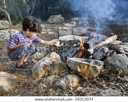 boy having marshmallow at the campfire