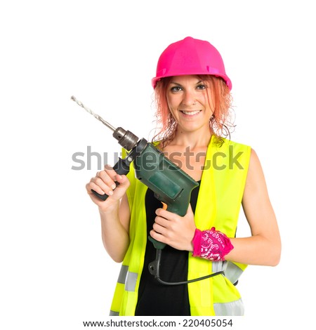 Worker woman with drill over white background