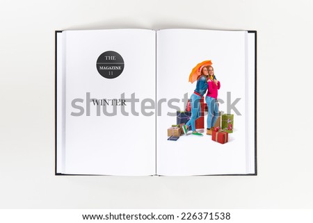 Christmas women with umbrella printed on book