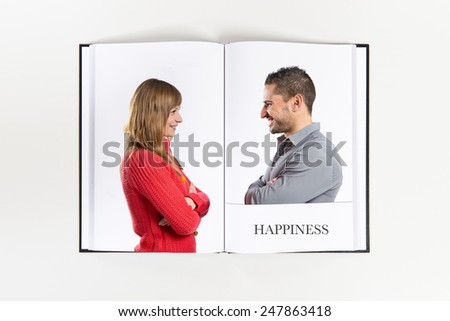 Couple with their arms crossed printed on book