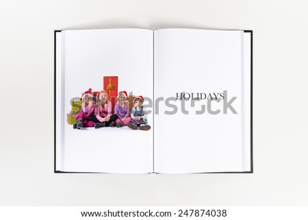 Friends around several gifts printed on book