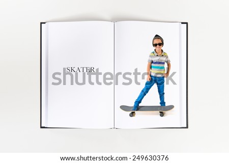 Kid playing with skateboard printed on book