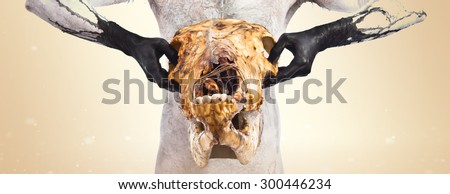 Primitive man holding veal skull over ocher background