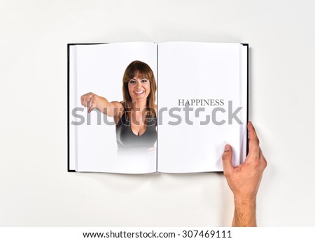 Woman pointing to the front printed on book
