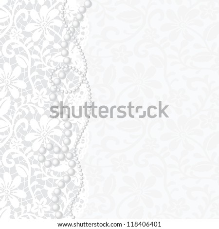 Template for wedding, invitation or greeting card with lace background and pearl necklace